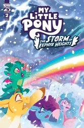 Size: 2063x3131 | Tagged: safe, artist:justasuta, derpibooru import, idw, official, hitch trailblazer, izzy moonbow, sparky sparkeroni, dragon, earth pony, pony, unicorn, g5, spoiler:comic, baby, baby dragon, cloud, cloudy, comic, comic cover, cover, cover art, horn, image, lightning, misty brightdawn, my little pony: the storm of zephyr heights, png, rainbow, reborn misty, snow, snowfall, storm