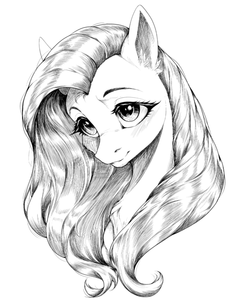 Size: 3500x4500 | Tagged: safe, artist:monanniverse, derpibooru import, fluttershy, pegasus, pony, g4, bust, grayscale, image, looking at you, monochrome, png, portrait, simple background, solo, white background