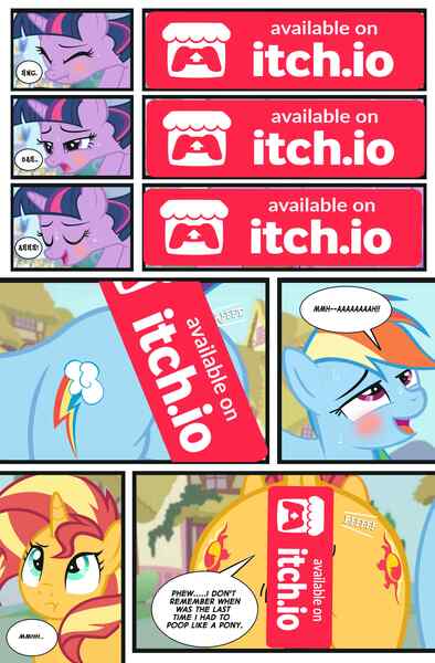 Size: 3000x4568 | Tagged: questionable, artist:succubi samus, derpibooru import, rainbow dash, sci-twi, sunset shimmer, twilight sparkle, ponified, pegasus, pony, unicorn, comic:girls things horse things, equestria girls, g4, advertisement, bdsm, blushing, butt, butt bump, cake, censored, comic, crotchboobs, embarrassed, equestria girls ponified, equestria girls specials, fart, fart cloud, fart noise, female, food, glow, horn, image, imminent scat, implied bisexual, implied lesbian, implied scat, jpeg, litterbox, mare, missing cutie mark, my little pony equestria girls: spring breakdown, nipples, nose wrinkle, nudity, onomatopoeia, open mouth, paywall content, plot, sample, scared, scaredy dash, show accurate, sound effects, sweat, sweatdrop, tail, tongue out, trio, trio female, unicorn sci-twi