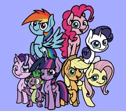 Size: 2048x1813 | Tagged: safe, artist:ewoudcponies, derpibooru import, applejack, fluttershy, pinkie pie, rainbow dash, rarity, spike, starlight glimmer, twilight sparkle, alicorn, dragon, earth pony, pegasus, pony, unicorn, g4, female, flying, horn, image, lidded eyes, looking at you, male, mane seven, mane six, mare, open mouth, open smile, png, purple background, simple background, smiling, smiling at you, spread wings, waving, wings