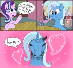 Size: 3279x3077 | Tagged: safe, artist:ligmire, derpibooru import, starlight glimmer, trixie, pony, unicorn, g4, comic, detailed background, dialogue, drink, female, heart, hoers, horn, image, lesbian, magic, man i'm so hungry / how hungry, mare, meme, png, ponified meme, shipping, spit take, startrix