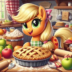 Size: 1024x1024 | Tagged: safe, ai content, artist:user15432, derpibooru import, machine learning generated, prompter:user15432, applejack, earth pony, pony, g4, alternate cutie mark, apple, apple juice, apple pie, baking, flour, food, fruit, generator:bing image creator, generator:dall-e 3, image, jpeg, juice, kitchen, looking at you, measuring spoon, open mouth, open smile, pie, rolling pin, smiling, solo, spatula, spoon, window