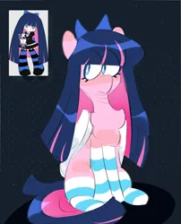 Size: 2549x3161 | Tagged: safe, artist:pakmur, derpibooru import, ponified, pegasus, pony, anarchy stocking, bow, clothes, dark background, image, long hair, panty and stocking with garterbelt, png, simple background, sitting, socks, solo, stockings, thigh highs