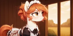 Size: 2400x1200 | Tagged: safe, ai content, derpibooru import, machine learning generated, prompter:greesys, oc, oc:victoria orlova, unofficial characters only, earth pony, pony, clothes, image, maid, maid headdress, orange hair, png, solo, white body, yellow eyes