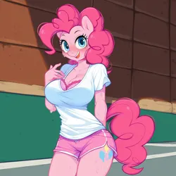 Size: 1536x1536 | Tagged: safe, ai content, derpibooru import, machine learning generated, prompter:funnyglow144, stable diffusion, pinkie pie, anthro, earth pony, g4, big breasts, blushing, bra, breasts, cleavage, clothes, generator:pony diffusion v6 xl, horn, image, open mouth, outdoors, pink bra, png, sexy, shirt, shorts, smiling, solo, sports shorts, standing, street, sweat, t-shirt, underwear, wet