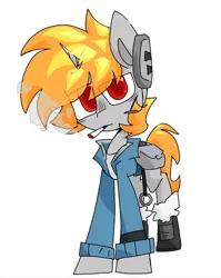 Size: 1020x1279 | Tagged: safe, artist:scar-shine, derpibooru import, oc, oc:oscar, unofficial characters only, pony, unicorn, clothes, gray coat, headphones, horn, image, jpeg, orange mane, red eyes, simple background, smoking, solo, white background