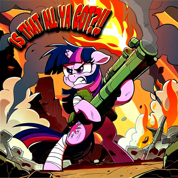 Size: 1024x1024 | Tagged: safe, ai content, derpibooru import, machine learning assisted, machine learning generated, prompter:inheat, twilight sparkle, unicorn, angry, apocalypse, body armor, broken horn, composite, defending, derpibooru exclusive, destruction, explosion, fire, gritted teeth, gun, horn, image, jpeg, open mouth, rated pg, rock, rocket launcher, rubble, scowl, smoke, teeth, text, war, wasteland, weapon