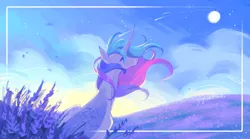 Size: 1920x1067 | Tagged: safe, artist:yuyusunshine, derpibooru import, princess celestia, alicorn, pony, g4, cloud, crepuscular rays, curved horn, digital art, ethereal mane, feather, female, flowing mane, folded wings, grass, horn, image, mare, moon, png, sad, signature, sitting, sky, solo, starry mane, sternocleidomastoid, sunlight, thinking, wings