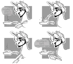 Size: 3000x2622 | Tagged: safe, artist:opalacorn, derpibooru import, oc, unofficial characters only, pony, unicorn, 4 panel comic, beard, black and white, bust, comic, dialogue, egg (food), facial hair, food, frying pan, grayscale, horn, image, jpeg, levitation, magic, male, monochrome, moustache, simple background, solo, spatula, speech bubble, stallion, telekinesis, white background