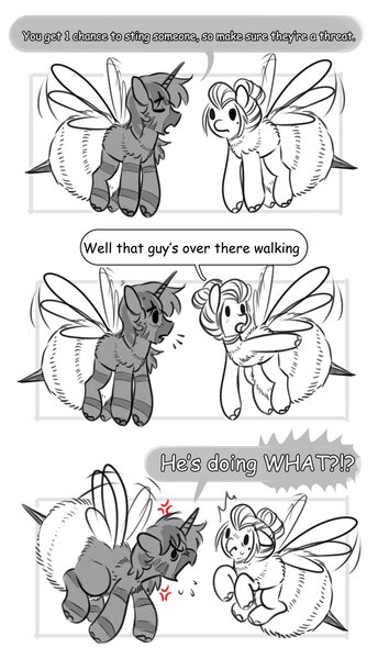 Size: 2345x4096 | Tagged: safe, artist:opalacorn, derpibooru import, oc, oc:silver stream, oc:void, unofficial characters only, alicorn, bee pony, original species, pony, zebra, zebra alicorn, black and white, comic, cross-popping veins, dialogue, duo, duo male and female, emanata, female, flying, grayscale, image, jpeg, male, mare, monochrome, partial color, pointing, speech bubble, stallion