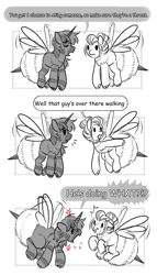 Size: 2345x4096 | Tagged: safe, artist:opalacorn, derpibooru import, oc, oc:silver stream, oc:void, unofficial characters only, alicorn, bee pony, original species, pony, zebra, zebra alicorn, black and white, comic, cross-popping veins, dialogue, duo, duo male and female, emanata, female, flying, grayscale, image, jpeg, male, mare, monochrome, partial color, pointing, speech bubble, stallion