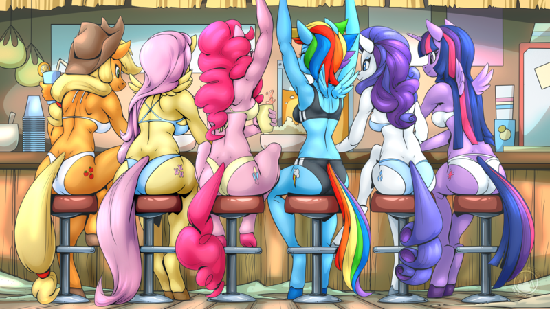 Size: 2560x1440 | Tagged: safe, artist:mysticalpha, derpibooru import, applejack, fluttershy, pinkie pie, rainbow dash, rarity, twilight sparkle, twilight sparkle (alicorn), alicorn, anthro, earth pony, pegasus, pony, unguligrade anthro, unicorn, g4, applebutt, ass, balloonbutt, bar, bar stool, bikini, breasts, busty applejack, busty fluttershy, busty mane six, busty pinkie pie, busty rainbow dash, busty rarity, busty twilight sparkle, butt, clothes, drink, female, flutterbutt, horn, image, line-up, mane six, mane six plots, mare, plotline, png, rainbutt dash, rear view, rearity, swimsuit, tail, tail hole, twibutt, wings