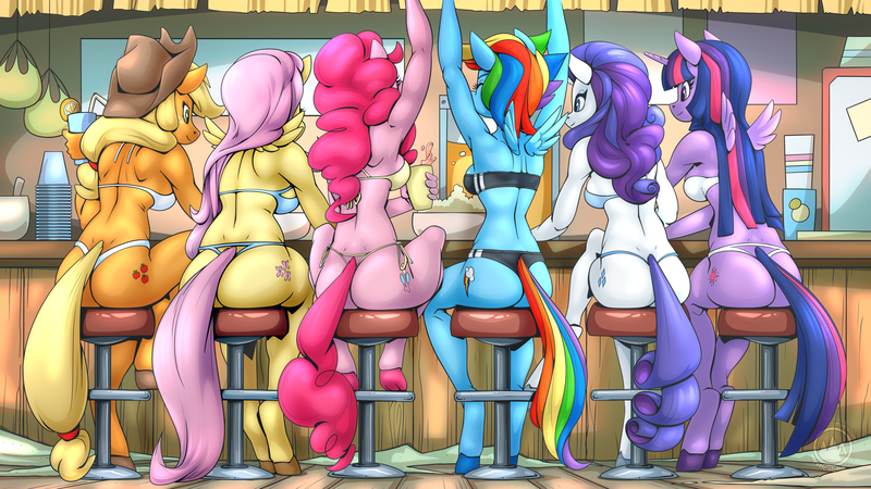 Size: 2560x1440 | Tagged: suggestive, alternate version, artist:mysticalpha, derpibooru import, applejack, fluttershy, pinkie pie, rainbow dash, rarity, twilight sparkle, twilight sparkle (alicorn), alicorn, anthro, earth pony, pegasus, pony, unguligrade anthro, unicorn, g4, applebutt, ass, balloonbutt, bar, bar stool, bikini, breasts, busty applejack, busty fluttershy, busty mane six, busty pinkie pie, busty rainbow dash, busty rarity, busty twilight sparkle, butt, clothes, drink, female, females only, flutterbutt, horn, image, line-up, mane six, mane six plots, mare, plotline, png, rainbutt dash, rear view, rearity, swimsuit, tail, tail hole, thong swimsuit, twibutt, wings