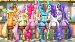 Size: 2560x1440 | Tagged: suggestive, alternate version, artist:mysticalpha, derpibooru import, applejack, fluttershy, pinkie pie, rainbow dash, rarity, twilight sparkle, twilight sparkle (alicorn), alicorn, anthro, earth pony, pegasus, pony, unguligrade anthro, unicorn, g4, applebutt, ass, balloonbutt, bar, bar stool, bikini, breasts, busty applejack, busty fluttershy, busty mane six, busty pinkie pie, busty rainbow dash, busty rarity, busty twilight sparkle, butt, clothes, drink, female, females only, flutterbutt, horn, image, line-up, mane six, mane six plots, mare, plotline, png, rainbutt dash, rear view, rearity, swimsuit, tail, tail hole, thong swimsuit, twibutt, wings