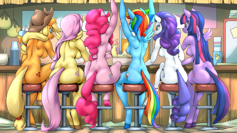 Size: 2560x1440 | Tagged: questionable, alternate version, artist:mysticalpha, derpibooru import, applejack, fluttershy, pinkie pie, rainbow dash, rarity, twilight sparkle, twilight sparkle (alicorn), alicorn, anthro, earth pony, pegasus, pony, unguligrade anthro, unicorn, g4, applebutt, ass, balloonbutt, bar, bar stool, breasts, busty applejack, busty fluttershy, busty mane six, busty pinkie pie, busty rainbow dash, busty rarity, busty twilight sparkle, butt, casual nudity, complete nudity, drink, exhibitionism, female, females only, flutterbutt, horn, image, line-up, mane six, mane six plots, mare, naked six, nipples, nude version, nudity, plotline, png, public nudity, rainbutt dash, rear view, rearity, sitting, small wings, smiling, stool, twibutt, wings