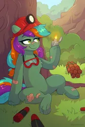 Size: 1800x2676 | Tagged: safe, artist:skysorbett, derpibooru import, oc, oc:detonaty, unofficial characters only, earth pony, pony, bush, dynamite, earth pony oc, explosives, female, fire, goggles, grass, helmet, hoof hold, image, lighter, mare, mining helmet, nature, outdoors, patch, png, rock, safety goggles, sitting, smiling, smirk, solo, tree, underhoof