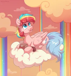 Size: 1967x2097 | Tagged: safe, artist:skysorbett, derpibooru import, oc, oc:cloud mellow, unofficial characters only, pegasus, pony, bag, cloud, folded wings, image, looking up, lying down, male, pegasus oc, png, rainbow, rainbow waterfall, sky, smiling, solo, stallion, sunset, wings