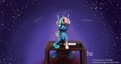 Size: 4096x2160 | Tagged: safe, artist:heavenheathen, artist:heavenheather, derpibooru import, oc, unicorn, amputee, comet, furniture, horn, image, multicolored mane, png, prosthetic limb, prosthetics, sitting, sky, solo, stars