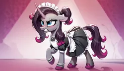 Size: 1344x768 | Tagged: safe, ai content, derpibooru import, machine learning generated, oleander (tfh), pony, unicorn, them's fightin' herds, blushing, clothes, community related, dress, female, horn, image, jpeg, maid, mare, oleander is not amused, ponytail, solo, sweat, sweatdrop, unamused