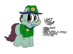 Size: 2732x2048 | Tagged: safe, artist:felixmcfurry, derpibooru import, oc, oc:leafy trail, unofficial characters only, pony, among us, badge, bandaid, bandaid on nose, blank flank, clothes, female, filly, filly oc, foal, hat, image, park ranger, png, reference, seams, shirt, simple background, smiling, solo, text, transparent background