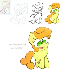 Size: 1736x1976 | Tagged: safe, artist:greenhoof, derpibooru import, carrot top, golden harvest, earth pony, pony, g4, female, image, open mouth, png, simple background, solo, white background, younger