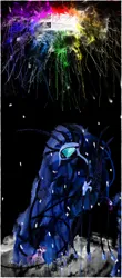 Size: 2339x5301 | Tagged: safe, artist:vomitdistrict, derpibooru import, nightmare moon, princess luna, twilight sparkle, alicorn, pony, unicorn, friendship is magic, g4, abstract, acrylic painting, big eyes, black background, colored, duo, duo female, female, high res, horn, image, jpeg, lesbian, lineless, long legs, looking at each other, looking at someone, mixed media, moon, painting, rainbow, ship:twiluna, shipping, simple background, squatpony, stars, text, traditional art