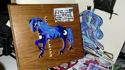 Size: 4080x2296 | Tagged: safe, artist:vomitdistrict, derpibooru import, princess luna, pony, carousel, cheese, female, food, glorious grilled cheese, grilled cheese, image, jpeg, mare, mixed media, solo, traditional art