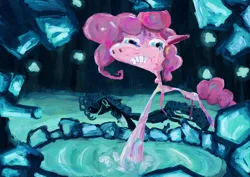 Size: 2339x1654 | Tagged: safe, artist:vomitdistrict, derpibooru import, pinkie pie, earth pony, pony, acrylic painting, female, image, jpeg, mare, mirror pool, shadow, solo, traditional art, water