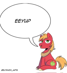 Size: 1889x2048 | Tagged: safe, artist:eltrash_art6, derpibooru import, big macintosh, earth pony, pony, g4, big macintosh's yoke, eeyup, horse collar, image, jpeg, male, open mouth, simple background, sitting, solo, speech bubble, stallion, unshorn fetlocks, white background