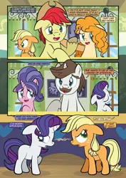 Size: 1920x2715 | Tagged: safe, artist:alexdti, derpibooru import, applejack, bright mac, cookie crumbles, hondo flanks, pear butter, rarity, earth pony, pony, unicorn, comic:how we met, blank flank, female, filly, filly applejack, filly rarity, high res, horn, image, male, mare, png, stallion, younger