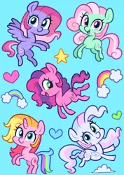 Size: 2480x3508 | Tagged: safe, derpibooru import, minty, rarity, star catcher, starsong, earth pony, pegasus, unicorn, g3, g4, chibi, g3 to g4, generation leap, horn, image, multicolored tail, png, sticker, sticker pack, tail