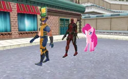 Size: 1920x1200 | Tagged: safe, artist:puzzlshield2, derpibooru import, pinkie pie, human, pony, 3d, crossover, deadpool, deadpool and wolverine, gun, image, katana, marvel, marvel cinematic universe, mmd, png, recreation, sword, walking, weapon, wolverine