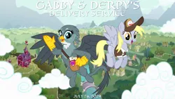 Size: 2063x1161 | Tagged: safe, artist:cheezedoodle96, artist:not-yet-a-brony, derpibooru import, derpy hooves, gabby, gryphon, pegasus, pony, 2024, bag, duo, female, hayao miyazaki, i'm gonna fly, image, july, kiki's delivery service, lyrics in the description, mailbag, mailmare, mare, movie reference, png, scenic ponyville, song in the description, song reference, studio ghibli, youtube link in the description