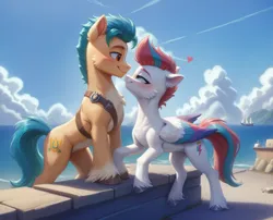 Size: 4114x3328 | Tagged: safe, ai content, artist:adorablebluefox, derpibooru import, generator:bluefox mix, machine learning assisted, machine learning generated, prompter:adorablebluefox, stable diffusion, hitch trailblazer, zipp storm, earth pony, pegasus, pony, g5, adorazipp, affection, blue sky, blush lines, blushing, boat, cheek fluff, chest fluff, cloud, cloudy, concave belly, cute, detailed, detailed background, duo, duo male and female, ear fluff, female, floppy ears, folded wings, heart, high res, hitchbetes, hoof fluff, image, island, leg fluff, lidded eyes, looking at each other, looking at someone, looking up, male, mare, mountain, neck fluff, ocean, physique difference, png, police badge, romantic, seaside, ship:stormblazer, shipping, sky, smiling, smug, smugzipp, stallion, sternocleidomastoid, stone wall, straight, unshorn fetlocks, water, wings