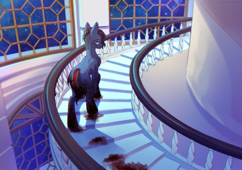 Size: 2894x2039 | Tagged: semi-grimdark, artist:glumarkoj, derpibooru import, oc, oc:moribund, unofficial characters only, earth pony, pony, blood, blood on face, blood trail, bloody hooves, commission, complex background, earth pony oc, female, female oc, image, looking at you, looking back, looking back at you, mare, mare oc, night, night sky, png, pony oc, sky, smiling, smiling at you, solo, solo female, spiral stairs, staircase, stairs, tail, two toned mane, two toned tail, undercut, window, ych result