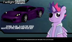 Size: 3880x2250 | Tagged: safe, artist:sparkfler85, derpibooru import, twilight sparkle, twilight sparkle (alicorn), alicorn, pony, alternate hairstyle, broken horn, car, clothes, derpibooru exclusive, eyepatch, future twilight, horn, image, midnight club, parody, png, saleen, saleen s7, scar, solo, text, torn ear