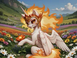 Size: 1368x1024 | Tagged: safe, ai content, derpibooru import, machine learning generated, prompter:ramprover, stable diffusion, daybreaker, alicorn, pony, g4, chest fluff, crying, ear fluff, fangs, female, field, flower, fluffy, generator:pony diffusion v6 xl, holding, horn, image, looking at you, mane of fire, mare, png, scenery, sitting, solo, tears of joy, wings