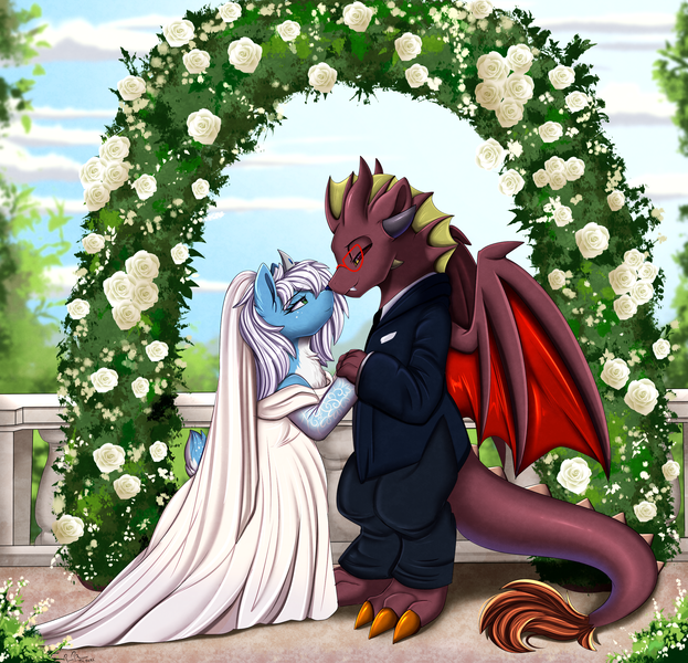 Size: 2557x2463 | Tagged: safe, artist:pridark, derpibooru import, oc, unofficial characters only, deer, dragon, boop, deer oc, dragon oc, image, marriage, non-pony oc, noseboop, oc x oc, png, shipping, wedding