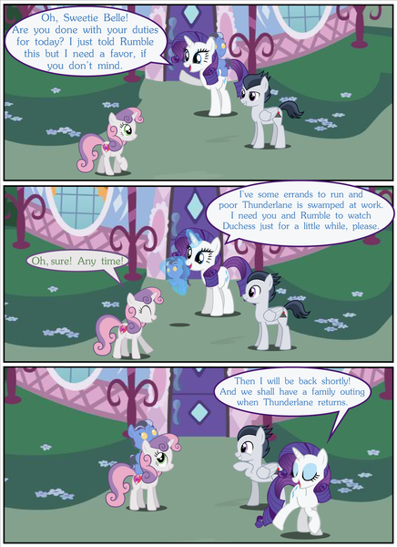 Size: 2700x3713 | Tagged: safe, artist:gm-scoots, derpibooru import, rarity, rumble, sweetie belle, oc, oc:duchess, comic:bleeding hearts, comic, image, offspring, parent:rarity, parent:thunderlane, parents:rarilane, png, vector used