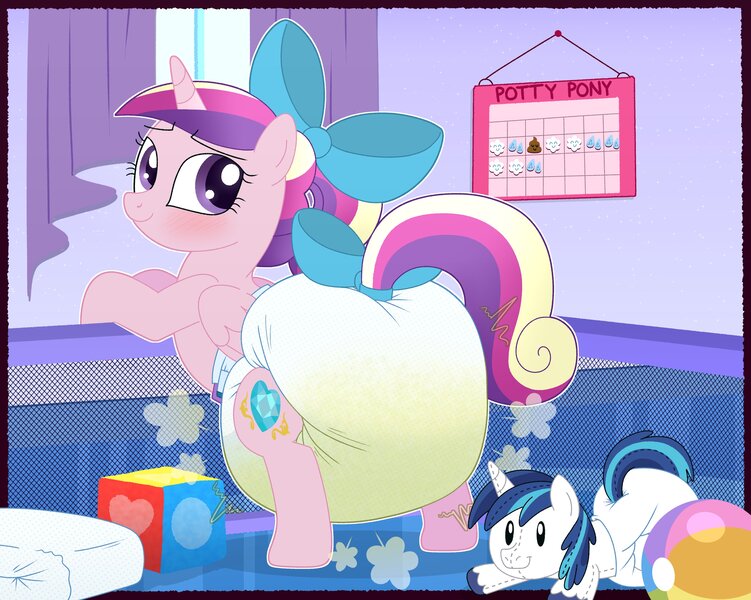 Size: 4096x3274 | Tagged: questionable, alternate version, artist:fillyscoots42, derpibooru import, princess cadance, shining armor, alicorn, pony, unicorn, g4, air pushed out of diaper, blushing, bow, diaper, diaper fetish, diapered plushie, female, fetish, filly, filly cadance, foal, hair bow, horn, image, jpeg, mare, non-baby in diaper, plushie, poofy diaper, potty chart, tail, tail bow, urine, wet diaper, younger