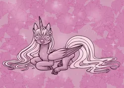 Size: 2100x1500 | Tagged: safe, artist:kelseyleah, derpibooru import, oc, oc:ria bloom, alicorn, pony, female, flower in eyes, image, jpeg, lying down, mare, prone, solo