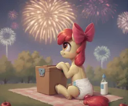 Size: 1568x1304 | Tagged: safe, ai content, derpibooru import, machine learning generated, prompter:cayuse, stable diffusion, apple bloom, pony, g4, apple, apple bloom's bow, baby bottle, basket, bottle, bow, diaper, female, filly, fireworks, foal, food, generator:pony diffusion v6 xl, grass, hair bow, image, jpeg, non-baby in diaper, outdoors, picnic, picnic basket, picnic blanket, sitting, solo, solo female, tree