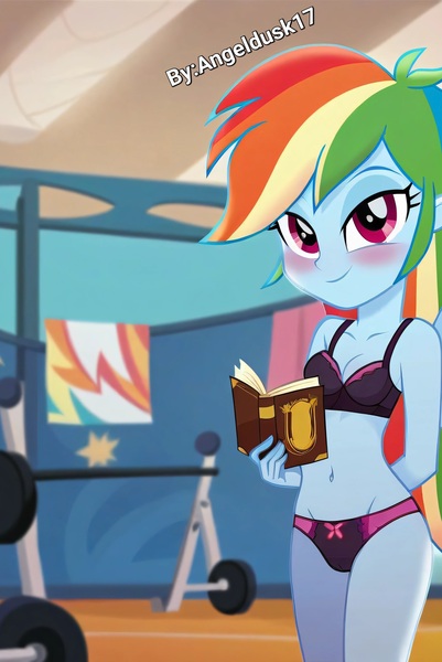 Size: 2735x4096 | Tagged: suggestive, ai content, derpibooru import, machine learning generated, prompter:angeldusk17, rainbow dash, human, equestria girls, g4, blushing, book, clothes, gym, image, jpeg, photoshop, shorts, sports bra, sports shorts, workout, workout outfit