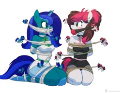 Size: 1165x900 | Tagged: suggestive, artist:carnifex, derpibooru import, oc, oc:amberlue, oc:siren, unofficial characters only, anthro, pegasus, pony, unguligrade anthro, unicorn, anthro ponidox, ballgag, blushing, bondage, breasts, choker, clothes, commission, female, freckles, gag, horn, image, jpeg, kneeling, looking at each other, looking at someone, micro, multeity, pegasus oc, rope, rope bondage, self ponidox, signature, simple background, tail, tape, tape gag, unicorn oc, white background, wings