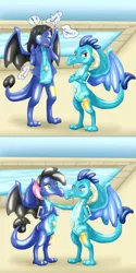 Size: 2500x5010 | Tagged: safe, artist:nieyx, derpibooru import, princess ember, oc, oc:emma, dragon, human, g4, 2 panel comic, air nozzle, anime style, clothes, comic, commission, crossed arms, disappearing clothes, dragon oc, dragoness, exclamation point, female, hairclip, hand on hip, hand on shoulder, handles, high res, human oc, human to dragon, image, inanimate tf, jacket, label, living inflatable, looking at each other, looking at someone, non-pony oc, onomatopoeia, open mouth, png, pool toy, seams, shiny, shocked, shocked expression, squeak, sweat, sweatdrops, swimming pool, transformation, transformation sequence, wide eyes