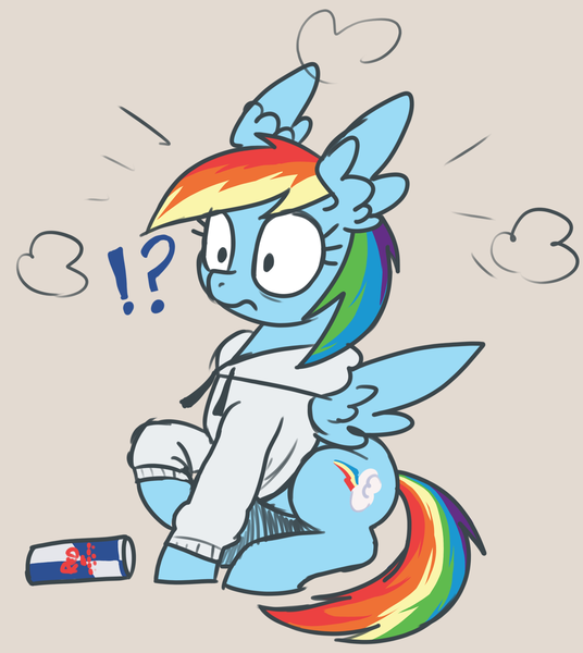 Size: 2180x2440 | Tagged: safe, artist:t72b, derpibooru import, rainbow dash, pegasus, pony, g4, clothes, drink, energy drink, exclamation point, extra wings, female, hoodie, image, interrobang, mare, png, question mark, raised hoof, red bull, red bull gives you wings, shocked, shocked expression, simple background, sitting, solo, wide eyes, wing ears, wings