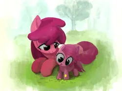 Size: 2732x2048 | Tagged: safe, artist:mandumustbasukanemen, derpibooru import, berry punch, berryshine, earth pony, pony, g4, /bale/, atg 2024, comfy, cute, duo, female, filly, flower, foal, grass, happy, image, jpeg, mare, newbie artist training grounds, on grass, outdoors, smiling