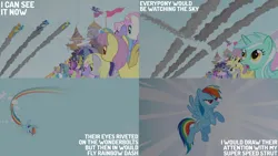 Size: 2000x1125 | Tagged: safe, derpibooru import, edit, edited screencap, editor:quoterific, screencap, derpy hooves, lemon hearts, lyra heartstrings, merry may, minuette, parasol, rainbow dash, rainbowshine, twinkleshine, pegasus, pony, g4, the ticket master, caption, flying, image, png, rainbow trail, smoke trail, text