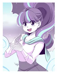 Size: 1200x1552 | Tagged: safe, artist:nekoshiei, derpibooru import, starlight glimmer, human, g4, season 5, the cutie re-mark, anime style, clapping, cloud, collarbone, eye clipping through hair, eyebrows, eyebrows visible through hair, female, humanized, image, looking at you, open mouth, open smile, passepartout, png, ponytail, signature, smiling, smiling at you, solo, starlight says bravo