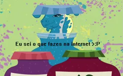 Size: 639x397 | Tagged: safe, edit, edited screencap, screencap, hugh jelly, hearts and hooves day (episode), abstract background, cropped, faic, food, hearts and hooves day, image, jelly, meme, png, portuguese, solo, u jelly?